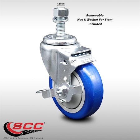 Service Caster 4 Inch SS Blue Polyurethane Swivel 12mm Threaded Stem Caster with Brake SCC SCC-SSTS20S414-PPUB-BLUE-TLB-M1215